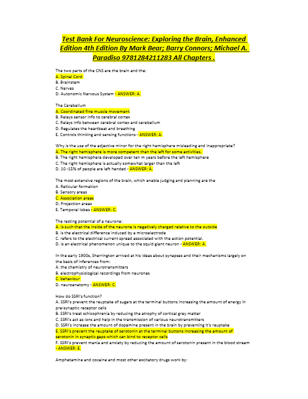 Neuroscience 6th Edition Test Bank | Purves, Augustine &amp; Fitzpatrick | Chapters 1–34