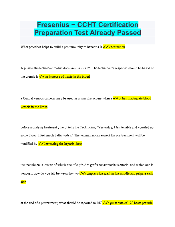 Fresenius CCHT Certification Prep 2025 – Hemodialysis Technician Exam Questions & Answers