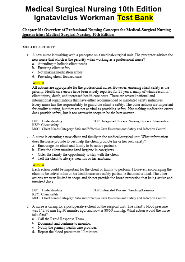 Medical Surgical Nursing 10th Edition  Ignatavicius Workman Test Bank