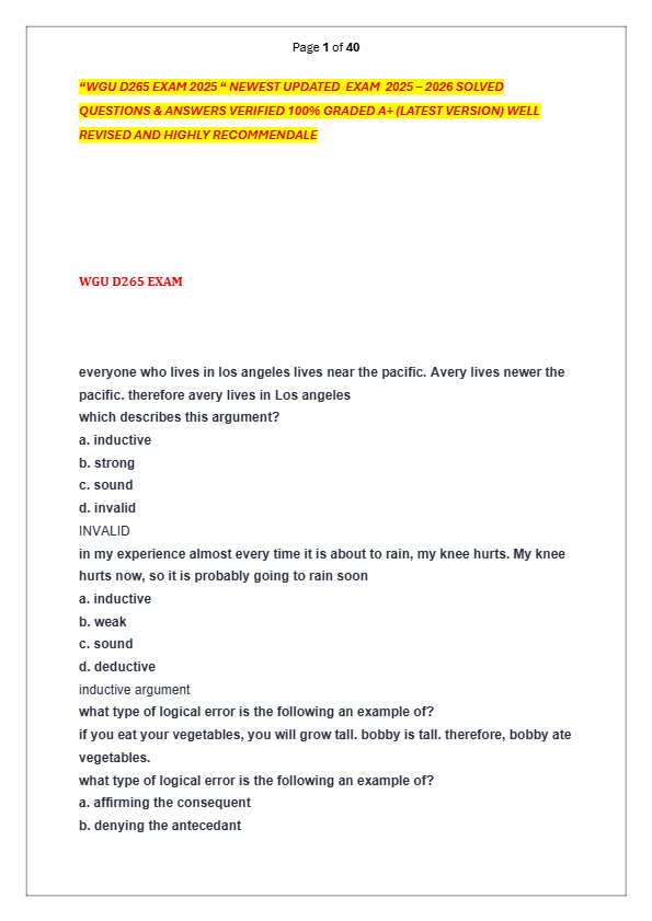 “WGU D265 EXAM 2025 “ NEWEST UPDATED  EXAM  2025 – 2026 SOLVED  QUESTIONS & ANSWERS VERIFIED 100% GR