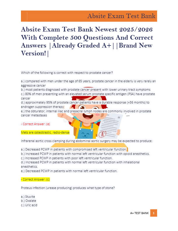 Absite Exam Test Bank Newest 2025/2026  With Complete 500 Questions And Correct  Answers |Already Gr