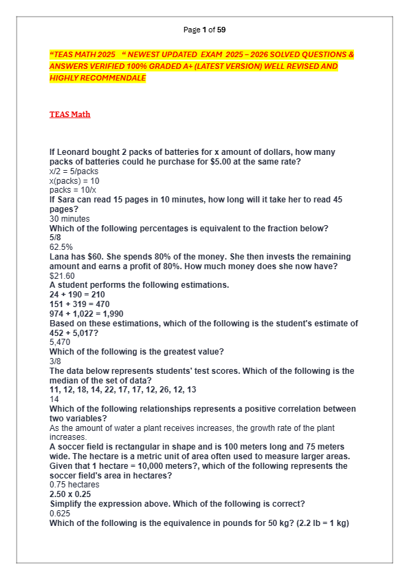 “TEAS MATH 2025    “ NEWEST UPDATED  EXAM  2025 – 2026 SOLVED QUESTIONS &  ANSWERS VERIFIED 100% GRA