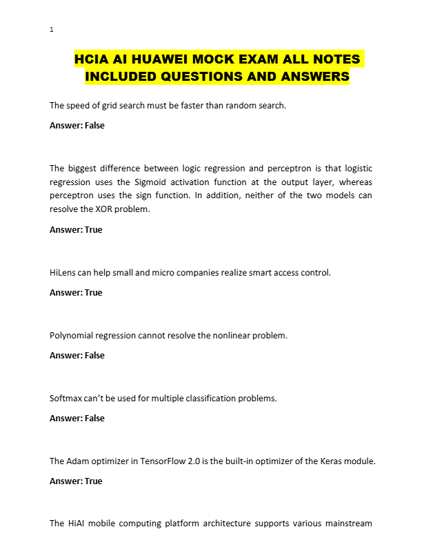 HCIA AI HUAWEI MOCK EXAM ALL NOTES  INCLUDED QUESTIONS AND ANSWERS