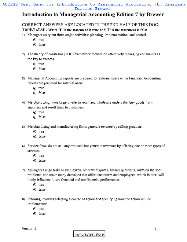 Managerial Accounting 7th Edition Test Bank | Braun & Tietz | All Chapters 1–15 | Questions & Answer