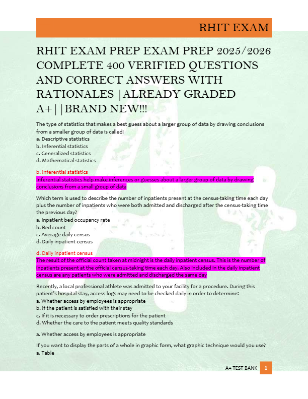 RHIT EXAM PREP EXAM PREP 2025/2026  COMPLETE 400 VERIFIED QUESTIONS  AND CORRECT ANSWERS WITH  RATIO