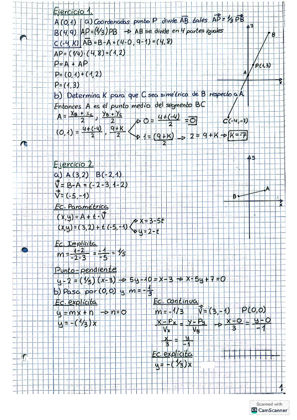 Ejercicios geometría analítica 1Bach