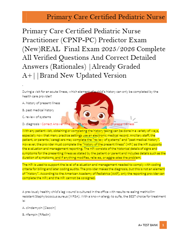 Primary Care Certified Pediatric Nurse  Practitioner (CPNP-PC) Predictor Exam  (New)REAL  Final Exam