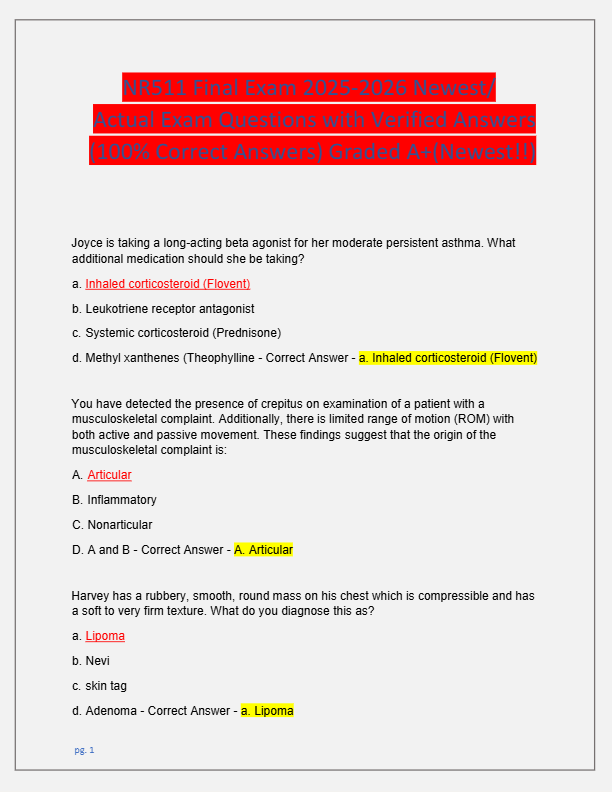 NR511 Final Exam 2025-2026 Newest/  Actual Exam Questions with Verified Answers  (100% Correct Answe