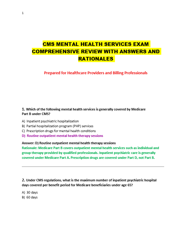 CMS MENTAL HEALTH SERVICES EXAM  COMPREHENSIVE REVIEW WITH ANSWERS AND  RATIONALES