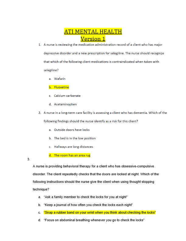 ATI MENTAL HEALTH  Version 1
