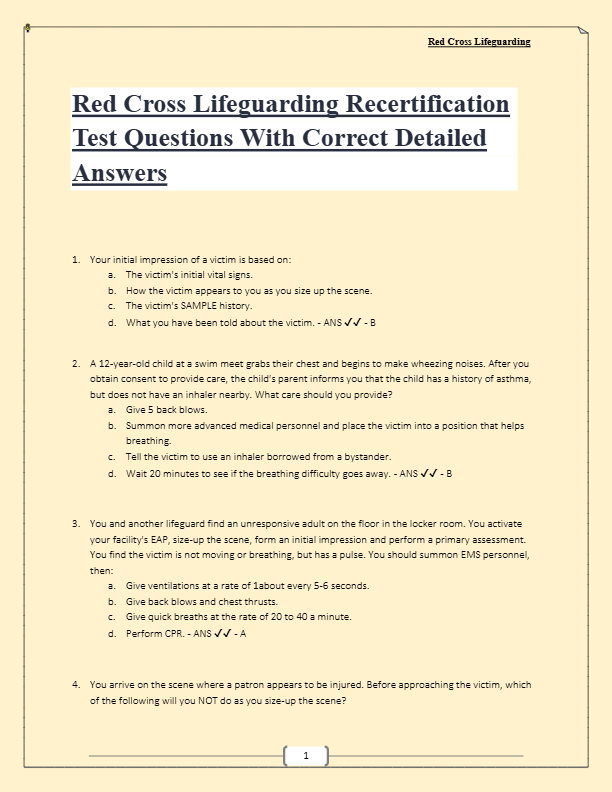 Red Cross Lifeguarding Recertification Test Questions With Correct Detailed Answers