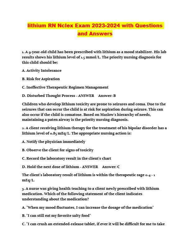 lithium RN Nclex Exam 2023-2024 with Questions  and Answers