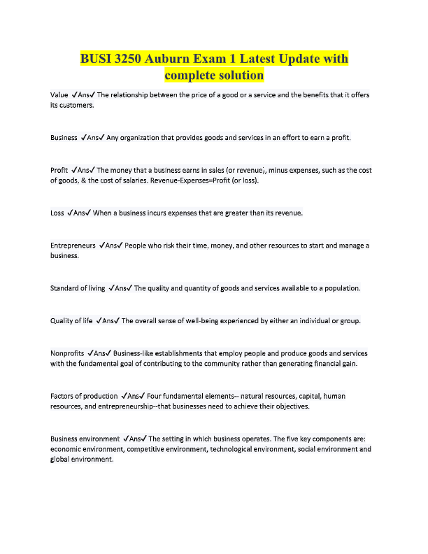 BUSI 3250 Exam 1 Colley 2025 Update: Complete Questions & Verified Answers | Elaborated & Graded A+