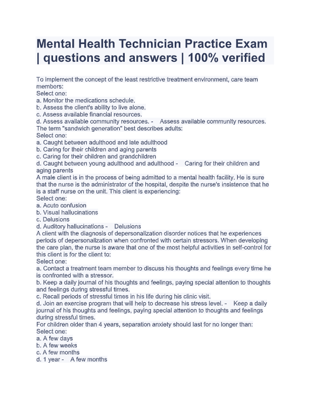Mental Health Technician Practice Exam: Verified Questions &amp; 100% Correct Answers