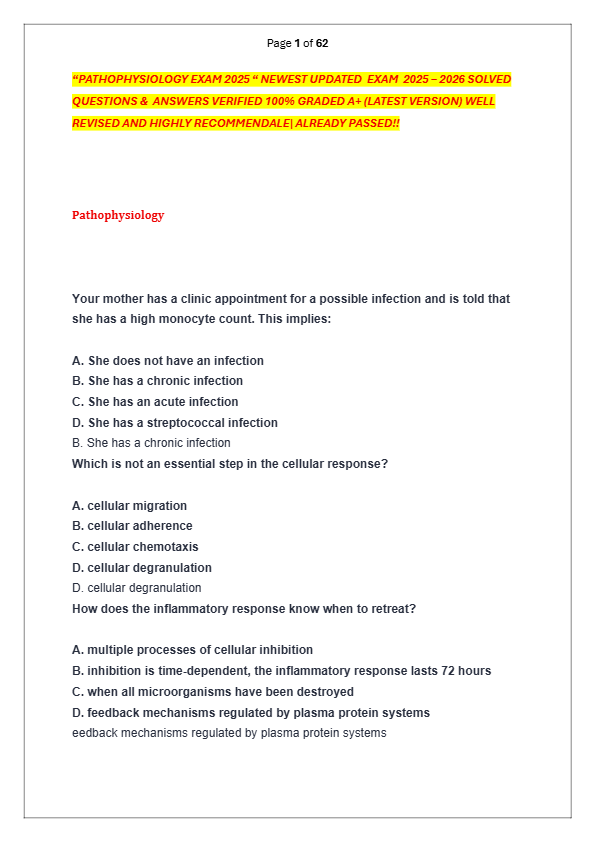 “PATHOPHYSIOLOGY EXAM 2025 “ NEWEST UPDATED  EXAM  2025 – 2026 SOLVED  QUESTIONS &  ANSWERS VERIFIED