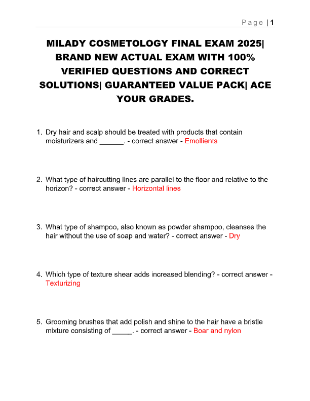 Milady Cosmetology 2025 Final Exam | Actual Questions & Verified Answers (100% Accurate)