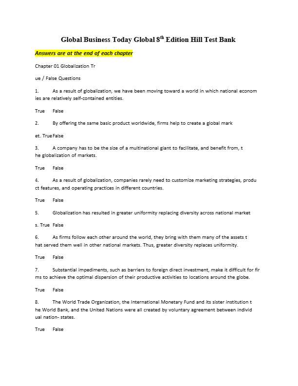 Test Bank for Global Business 4th Edition by Mike Peng (2025) | Complete Questions & Answers