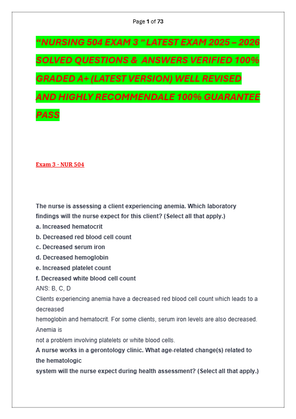 “NURSING 504 EXAM 3 ” LATEST EXAM 2025 – 2026   SOLVED QUESTIONS &  ANSWERS VERIFIED 100%  GRADED A+