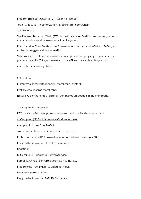 ETC ( Electron transport chain) notes for CSIR NET exam