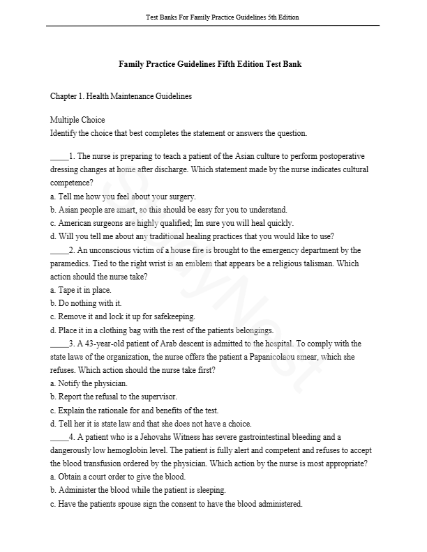 Family Practice Guidelines 5th Edition Cash Glass Mullen Test Bank COMPLETE QUESTIONS AND ANSWERS