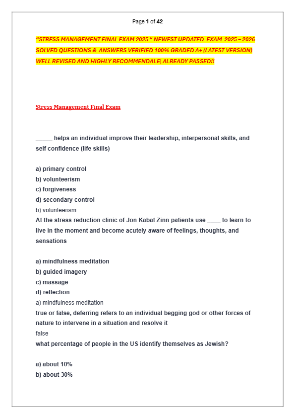 “STRESS MANAGEMENT FINAL EXAM 2025 “ NEWEST UPDATED  EXAM  2025 – 2026  SOLVED QUESTIONS &  ANSWERS