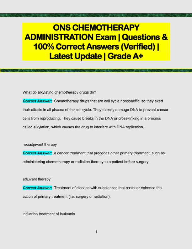 ONS Chemotherapy Administration Exam Prep 2025–2026 | Accurate Questions & Verified Solutions | 100%