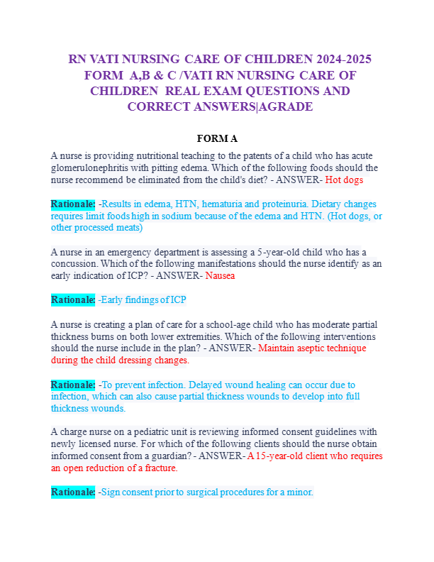 RN VATI NURSING CARE OF CHILDREN 2024-2025  FORM  A,B & C /VATI RN NURSING CARE OF CHILDREN  REAL EX