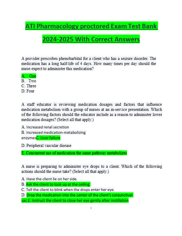 ATI Pharmacology proctored Exam Test Bank  2024-2025 With Correct Answers