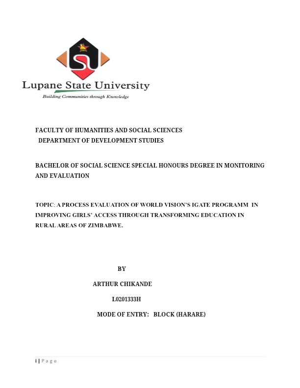 A PROCESS EVALUATION OF WORLD VISION’S IGATE PROGRAMM IN  IMPROVING GIRLS’ ACCESS THROUGH TRANSFORMI