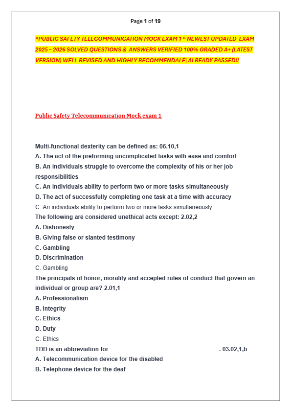 “PUBLIC SAFETY TELECOMMUNICATION MOCK EXAM 1 “ NEWEST UPDATED  EXAM   2025 – 2026 SOLVED QUESTIONS &