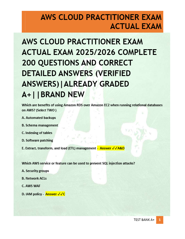 AWS CLOUD PRACTITIONER EXAM  ACTUAL EXAM 2025/2026 COMPLETE  200 QUESTIONS AND CORRECT  DETAILED ANS