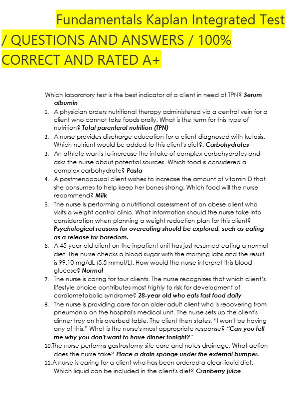 Fundamentals Kaplan Integrated Test  / QUESTIONS AND ANSWERS / 100%  CORRECT AND RATED A+