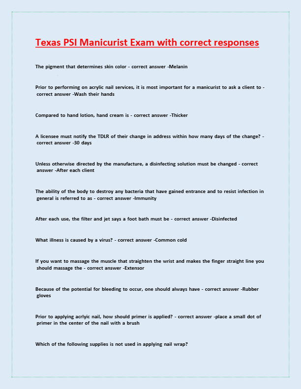 Texas PSI Manicurist 2025 Exam with correct responses