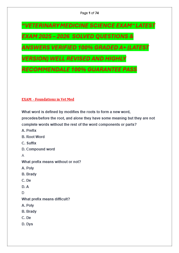 “VETERINARY MEDICINE SCIENCE EXAM” LATEST  EXAM 2025 – 2026  SOLVED QUESTIONS &   ANSWERS VERIFIED 1