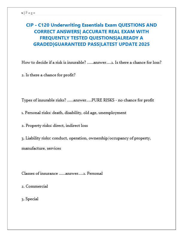 CIP C120 Underwriting Essentials Exam 2025 – Questions & Correct Answers | Real Test Guide | Guarant