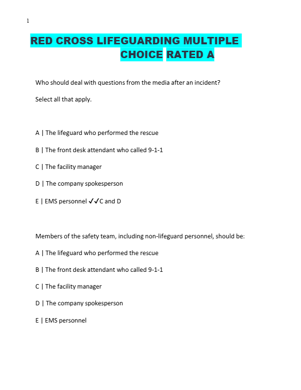 RED CROSS LIFEGUARDING MULTIPLE  CHOICE RATED A
