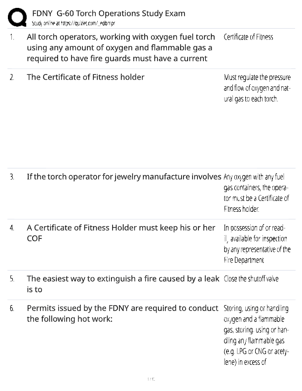 FDNY G-60 Practice Exam 2025: Torch Use of Flammable Gases Certification – Updated Questions & Answe