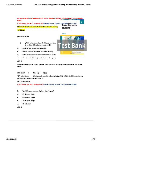 Basic Geriatric Nursing 8th Edition Test Bank | Patricia A. Williams | All Chapters 1–20