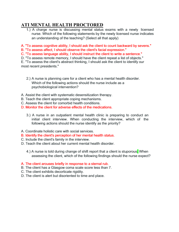 ATI MENTAL HEALTH PROCTORED EXAM TEST BANK 150+ QUESTIONS AND CORRECT ANSWERS|AGRADE 2025UPDATE