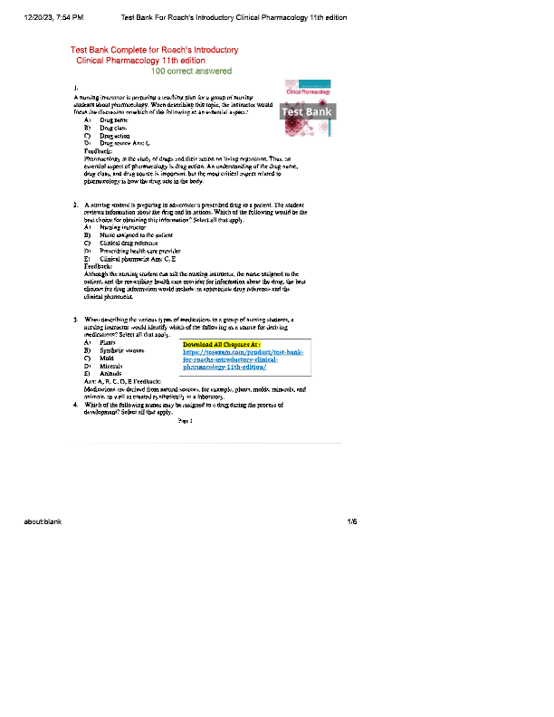 Complete Test Bank for Roach’s Introductory Clinical Pharmacology 11th Edition | Susan M. Ford