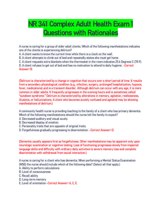 NR 341 Complex Adult Health Exam 1  Questions with Rationales