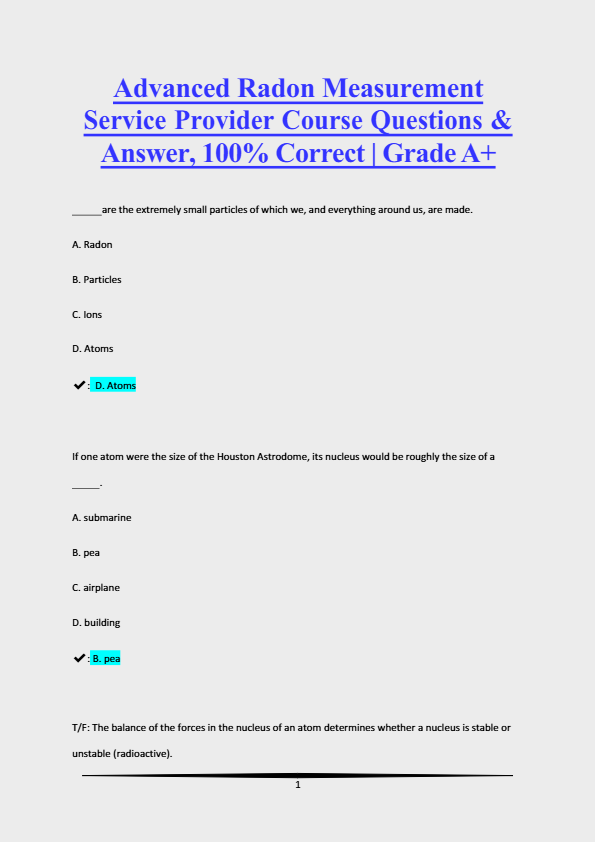 Advanced Radon Measurement Course 2025 | 100% Correct Questions & Answers | Grade A+ Guaranteed