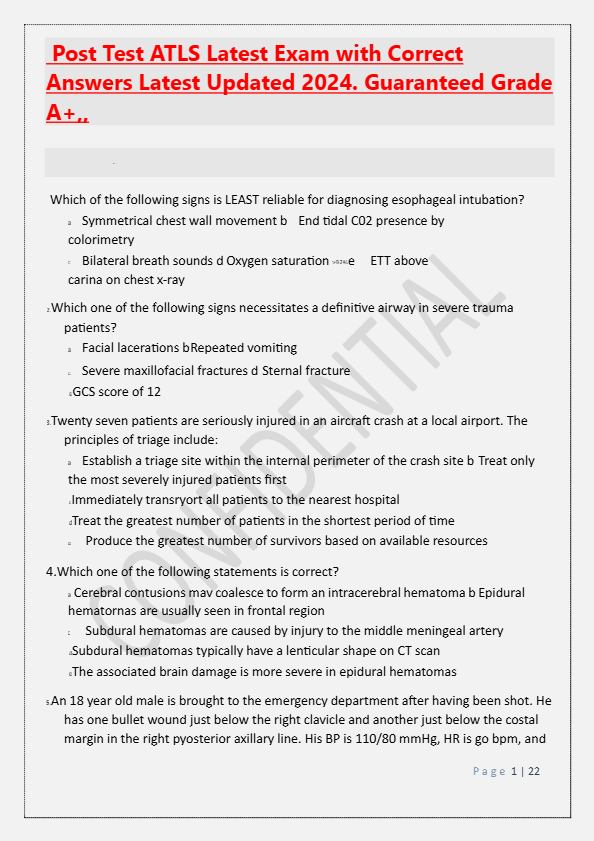 Post Test ATLS Latest Exam with Correct  Answers Latest Updated 2024. Guaranteed Grade  A+