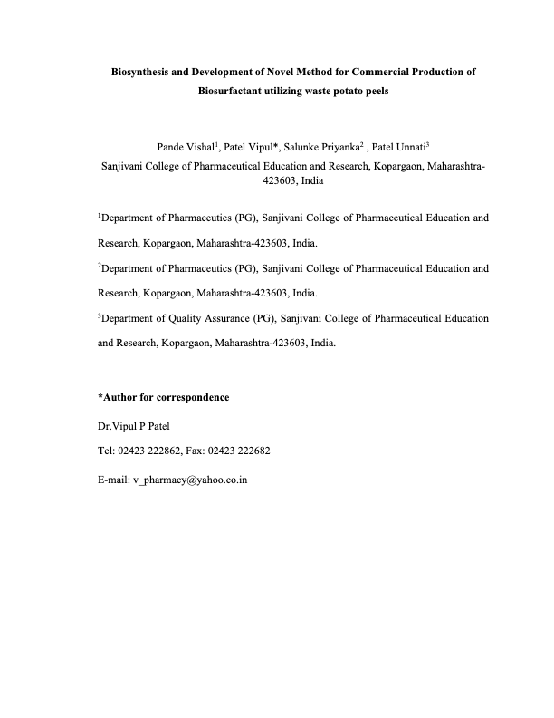 Biosynthesis and Development of Novel Method for Commercial Production of Biosurfactant utilizing wa