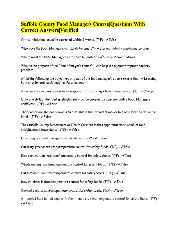 Suffolk County Food Manager Certification Exam 2025–2026 | Practice Questions & Verified Answers