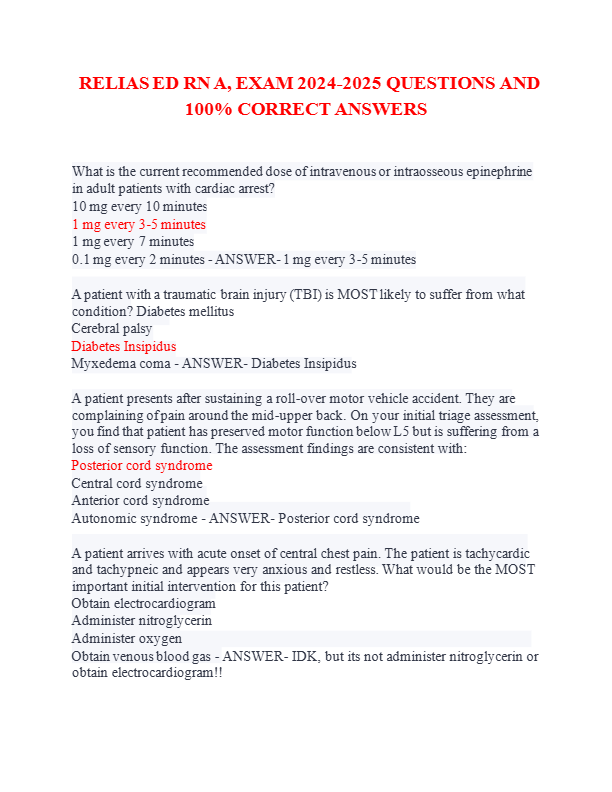 RELIAS ED RN A, EXAM 2024-2025 QUESTIONS AND  100% CORRECT ANSWERS