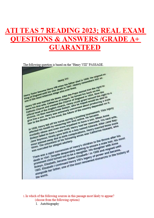 ATI TEAS 7 READING 2025 REAL EXAM  QUESTIONS & ANSWERS /GRADE A+  GUARANTEED