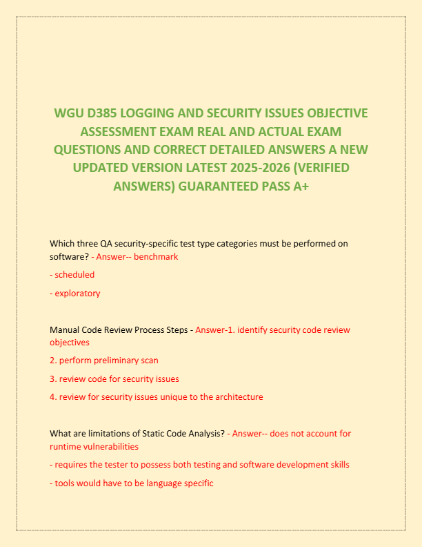 WGU D385 LOGGING AND SECURITY ISSUES OBJECTIVE ASSESSMENT EXAM REAL AND ACTUAL EXAM QUESTIONS AND CO