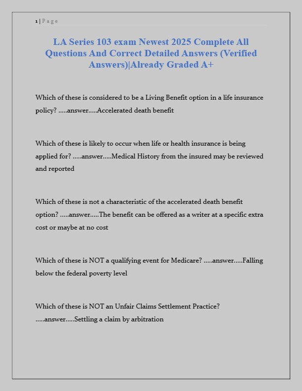 LA Series 103 Exam 2025 – Complete Questions & Verified Answers | All Sections Covered
