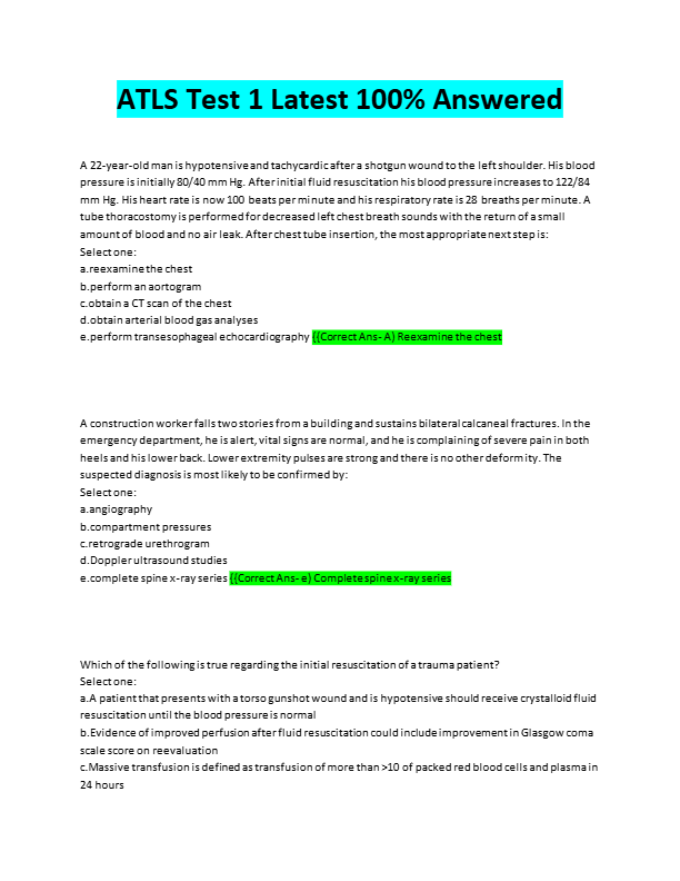 ATLS Test 1 Latest 100% Answered 2026